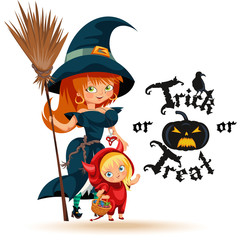 All Hallows Eve family party flat poster vector illustration. Cartoon smiling parents with daughter dressed in nice Halloween costumes of witch dracula and devil. Isolated on white.