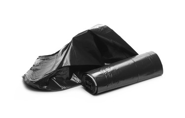 Black garbage bag roll isolated on white background