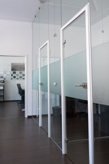 Modern space office. Office space interior. Glass doors with metal handles