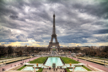 Beautiful cityscape of the Eiffel tower on a cloudy winter day in Paris