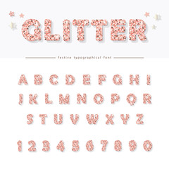 Glitter powder pink font. Glamour alphabet for celebration, party, birthday design. Girly.