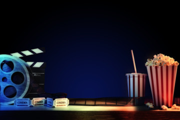 Equipment and elements of cinema with dark blue background