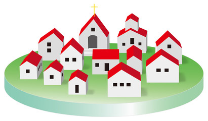 赤屋根の家と集落