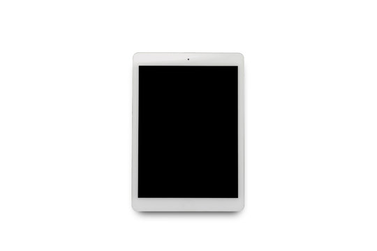White tablet on white isolated background. Flat lay, top view
