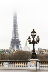 Fototapeta na wymiar Foggy view on the Eiffel tower in the mist in Paris in winter 