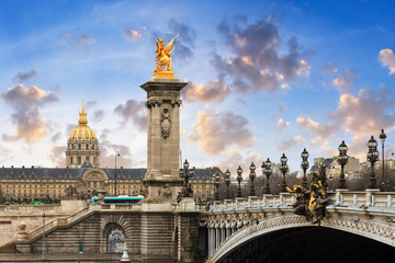 Pont Alexandre III and Les Invalides in Paris with a beautiful cloudscape 