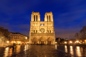 Fototapeta na wymiar Beautiful view of the Notre-Dame Cathedral in Paris at the blue hour at night
