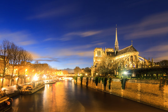 Fototapeta Beautiful view of the river Seine with the Notre-Dame Cathedral in Paris at night