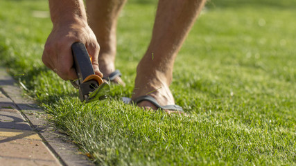 Cutting lawn with scissors in hard-to-reach places, gardener professional