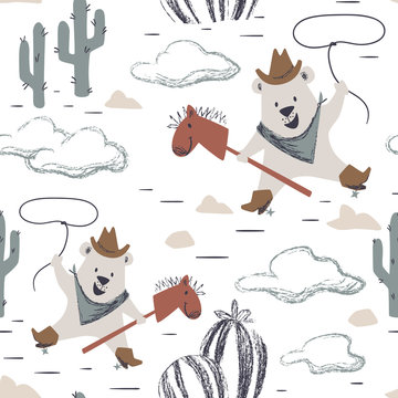 Western bear baby ride horse seamless pattern. Wild west animal with hat, boot, lasso.