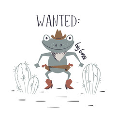 Western frog duel cute print. Wild west animal with hat, boot, gun.