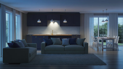 The modern interior of the house with a dark purple kitchen. Night. Evening lighting. 3D rendering.