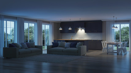 The modern interior of the house with a dark purple kitchen. Night. Evening lighting. 3D rendering.