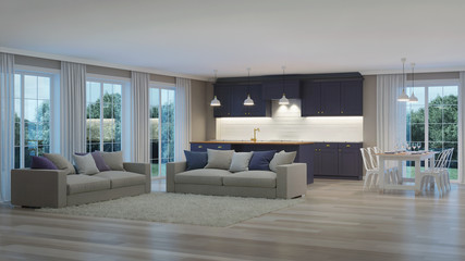 The modern interior of the house with a dark purple kitchen. Night. Evening lighting. 3D rendering.