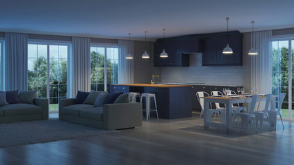 The modern interior of the house with a dark purple kitchen. Night. Evening lighting. 3D rendering.