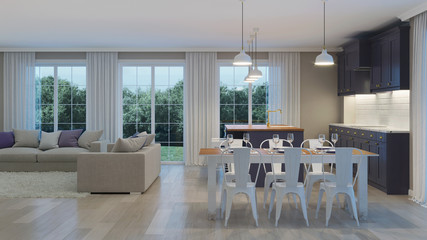 The modern interior of the house with a dark purple kitchen. Night. Evening lighting. 3D rendering.