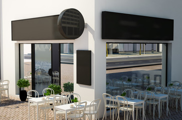 coffee shop facade with signboards mockup