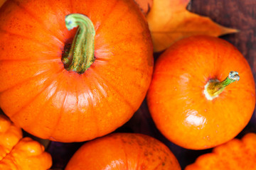 Thanksgiving background with orange pumpkins. Halloween, Harvesting, Thanksgiving day or seasonal autumn Card. Flat lay