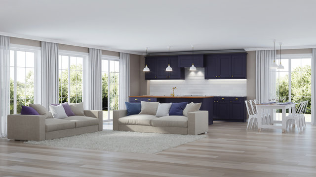 The modern interior of the house with a dark purple kitchen. 3D rendering.