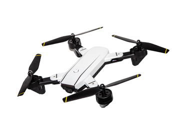 Drone Technology concept . Pocket spy Foldable Drone quadrocopter, with photo camera flying isolated on white background,with clipping path.