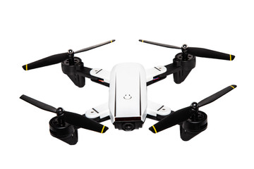 Drone Technology concept . Pocket spy Foldable Drone quadrocopter, with photo camera flying isolated on white background,with clipping path.