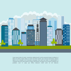 Fototapeta premium City landscape with high skyscrapers, buildings and transport. Vector illustration.