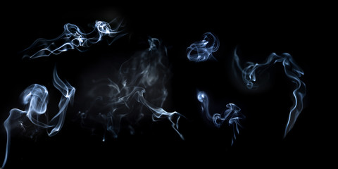 Smoke or fog steam set on black color background . Hazy steam curls for decorative special effect ....