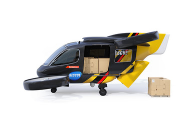 Naklejka premium Side view of self-driving Rescue Drone parking on the ground with sliding door and rear hatch opened. Relief supplies in the drone. 3D rendering image.