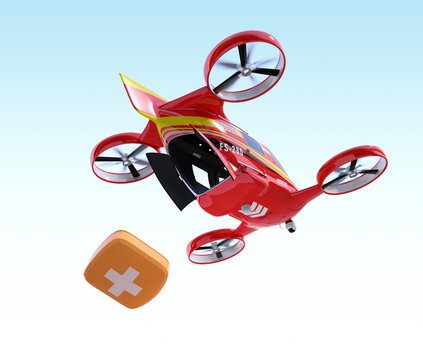 Self-driving Rescue Drone hovering in the sky and released first aid kit. 3D rendering image.