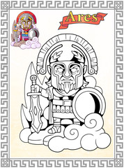 cartoon ancient greek god ares with sword in hand, funny illustration coloring book
