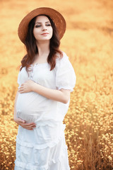 Pregnant woman in nature for a walk in the autumn