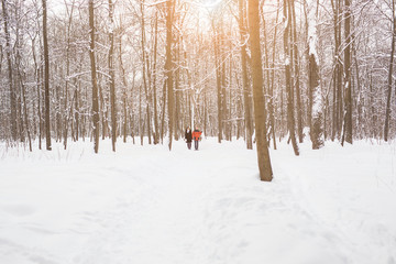 Happy couple walking through a snowy forest in winter