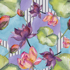 Watercolor colorful lotus flower. Floral botanical flower. Seamless background pattern. Fabric wallpaper print texture. Aquarelle wildflower for background, texture, wrapper pattern, frame or border.