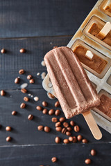 Classic popsicle mold set freezer for homemade chocolate ice lolly in summer over wooden dark background, top view