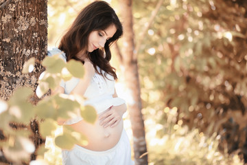 Pregnant woman in nature for a walk in the autumn