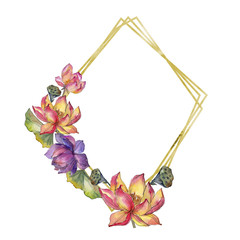 Watercolor colorful lotus flower. Floral botanical flower. Frame border ornament square. Aquarelle wildflower for background, texture, wrapper pattern, frame or border.