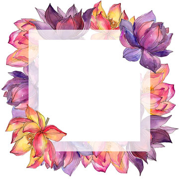 Watercolor colorful lotus flower. Floral botanical flower. Frame border ornament square. Aquarelle wildflower for background, texture, wrapper pattern, frame or border.