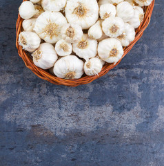 Pile of Fresh Organic Garlic on Vintage Wooden Background