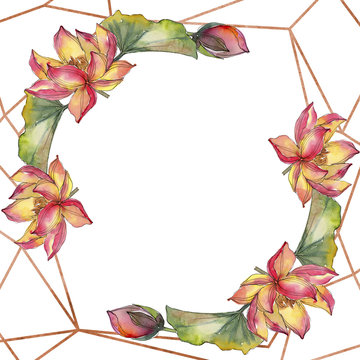 Watercolor colorful lotus flower. Floral botanical flower. Frame border ornament square. Aquarelle wildflower for background, texture, wrapper pattern, frame or border.