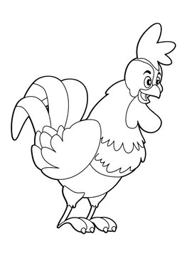 cartoon scene with happy rooster standing and smiling - vector coloring page - illustration for children