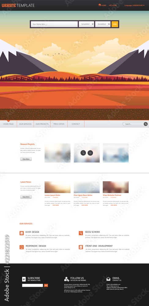 Poster one page website template with autumn landscape header.