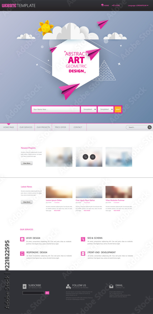Poster one page website for your business with abstract colorful geometric header design.
