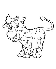 cartoon scene with happy little cow on white background - vector coloring page - illustration for children