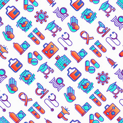 HIV and AIDs seamless pattern with thin line icons: safe sex, blood transfusion, syringe, antiviral drugs, physical examination, AIDs ribbon, blood test, genetic engineering. Vector illustration.