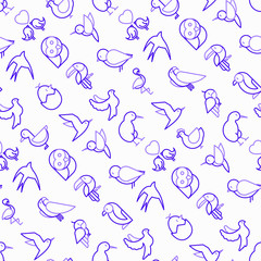 Birds seamless pattern with thin line icons: dove, owl, penguin, sparrow, swallow, kiwi, parrot, eagle, humming bird, pink flamingo. Modern vector illustration.