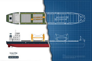 Obraz premium Blueprint of cargo ship on white background. Top, side and front view of tanker. Container boat industrial drawing