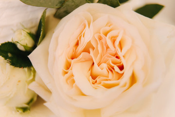 Macro photo of Floral decoration on the wedding in restaurant