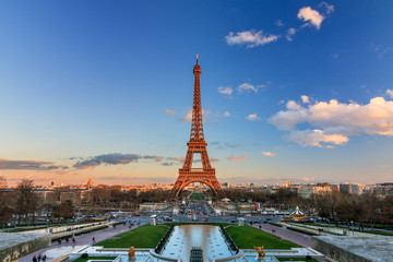 Beautiful view of the Eiffel tower in Paris, France, at sunset
