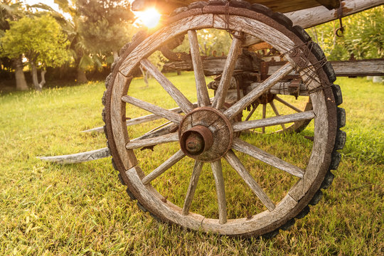 Wheel of a vintage cart at sunset.
