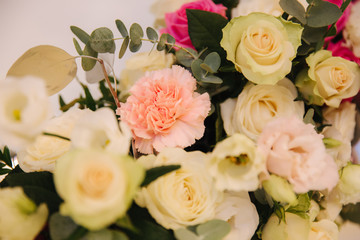 Macro photo of Floral decoration on the wedding in restaurant